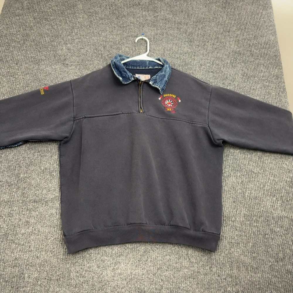 Vintage Chicopee Fire Dept MA Quarter Zip Sweatshirt Men XXL Blue Workwear Style